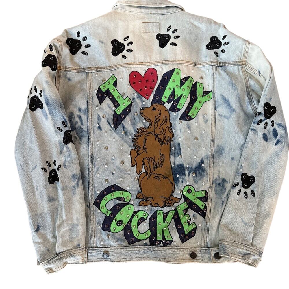 Vintage Sunbelt Denim Jacket “ I Love My Cocker “ Dog Rhinestone Gem Bedazzle XL